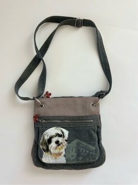 Fuzzy Nation Shih Tzu Dog Crossbody Bag Gray Knit Plush Lined Adjustable Strap
